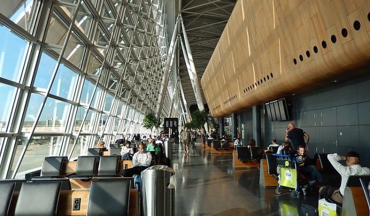 Passengers waiting for their flight at an airport in Switzerland