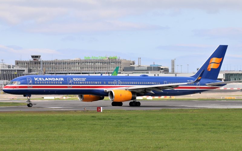 A plane parked at an airport in Iceland.