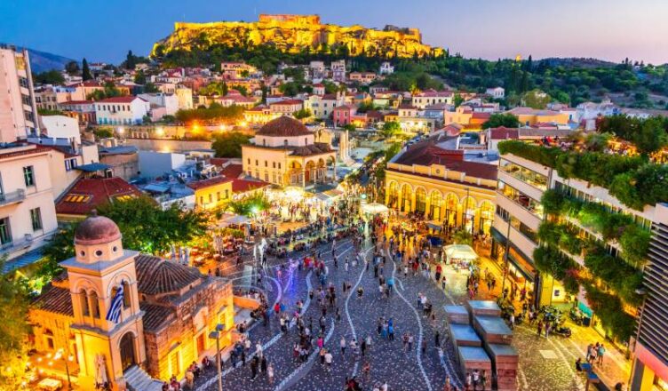 Night image of a city in Greece with amaging lights.