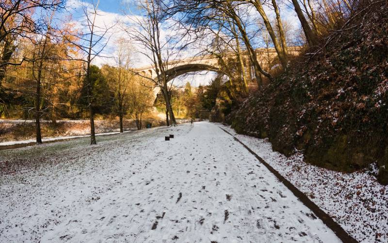 Roads covered with white snow all over at Petrusse Valley In Luxembourg.