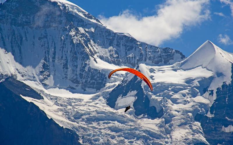 A man doing paragliding in swiss alps.