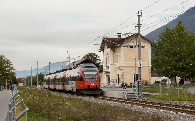 A red and white color train in Vaduz in Liechtenstein