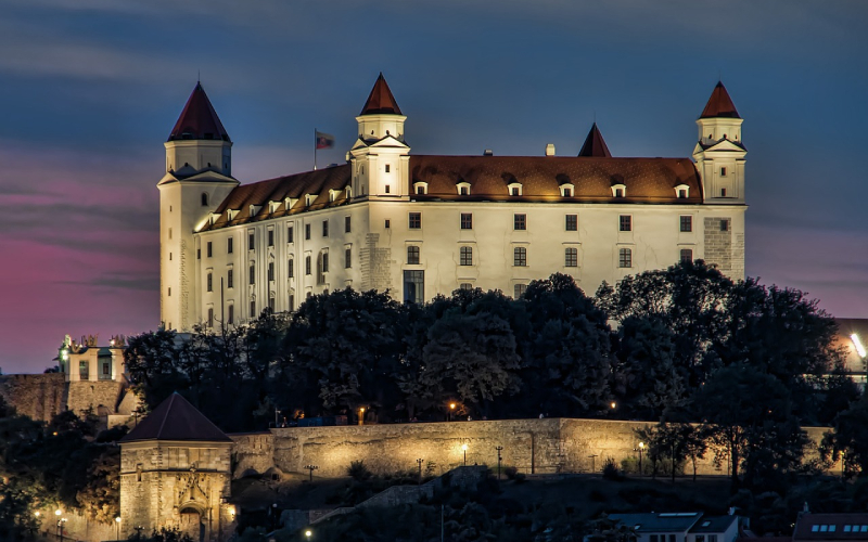 Panoramic view of Bratislava Castle with four towers in Slovakia