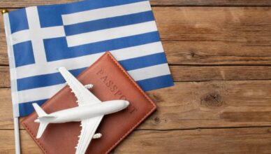 Passport with Greece flag and airplane