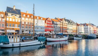 Colorful Nyhavn waterfront in Copenhagen, Denmark with vibrant buildings and boats