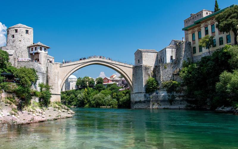 Scenic view of Mostar Bridge over the Neretva River in Bosnia and Herzegovina