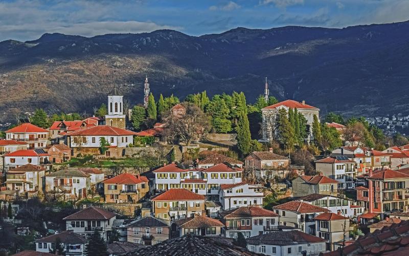 Scenic view of Ohrid old town, North Macedonia, with Balkan architecture